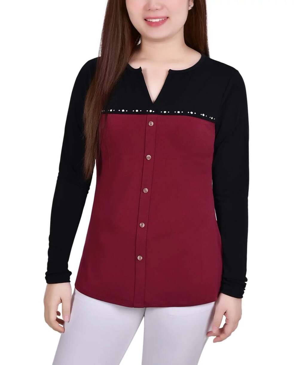 NY Collection Womens Colorblock Blouse Petites Medium Spring New with Tags